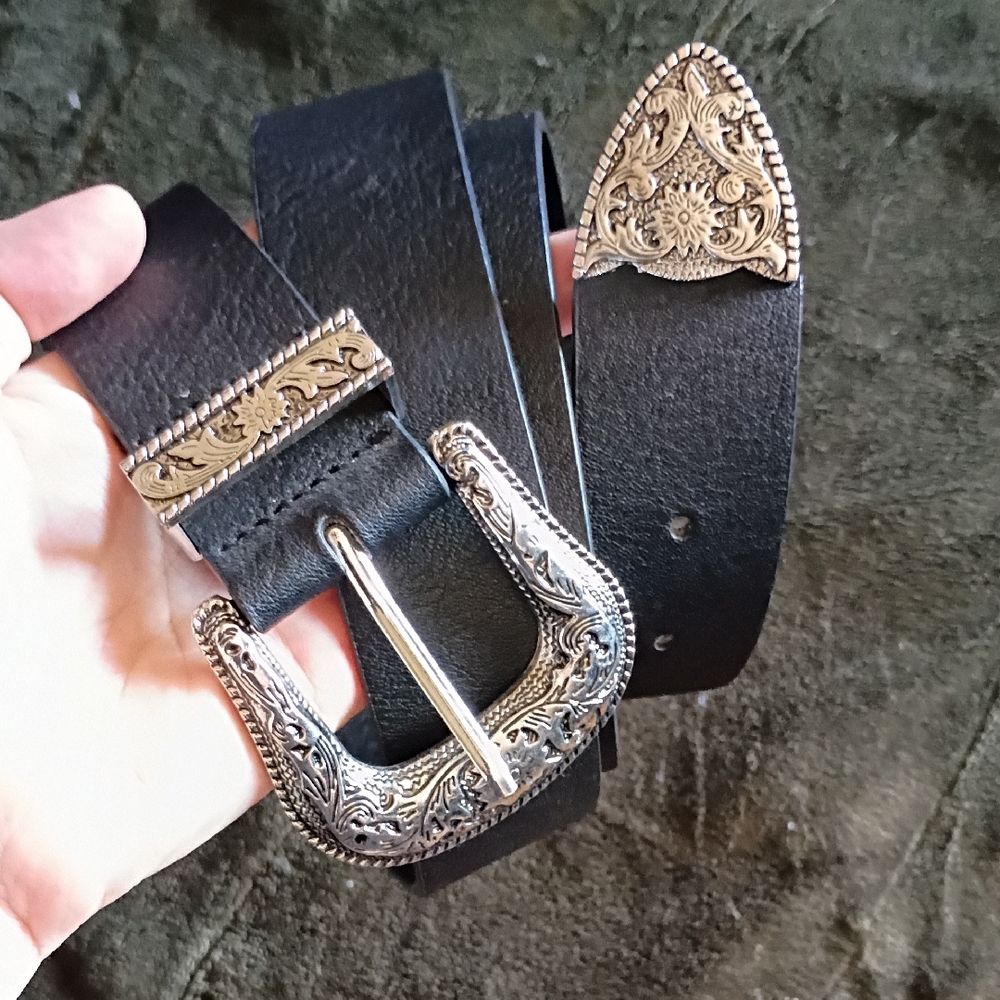 Black Leather Belt with Silver Buckle